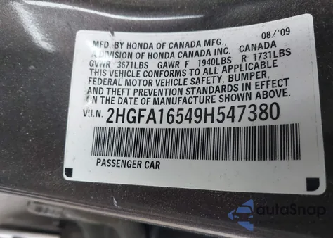 2009 Honda Civic Lx from USA, damaged, VIN 2HGFA16549H547380